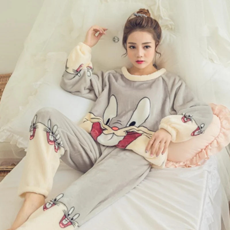 

Two piece set Cartoon top and pants Pajama Set Nightwear Pijama Home Suit women lingerie Flannel Winter Pyjama Cute Warm
