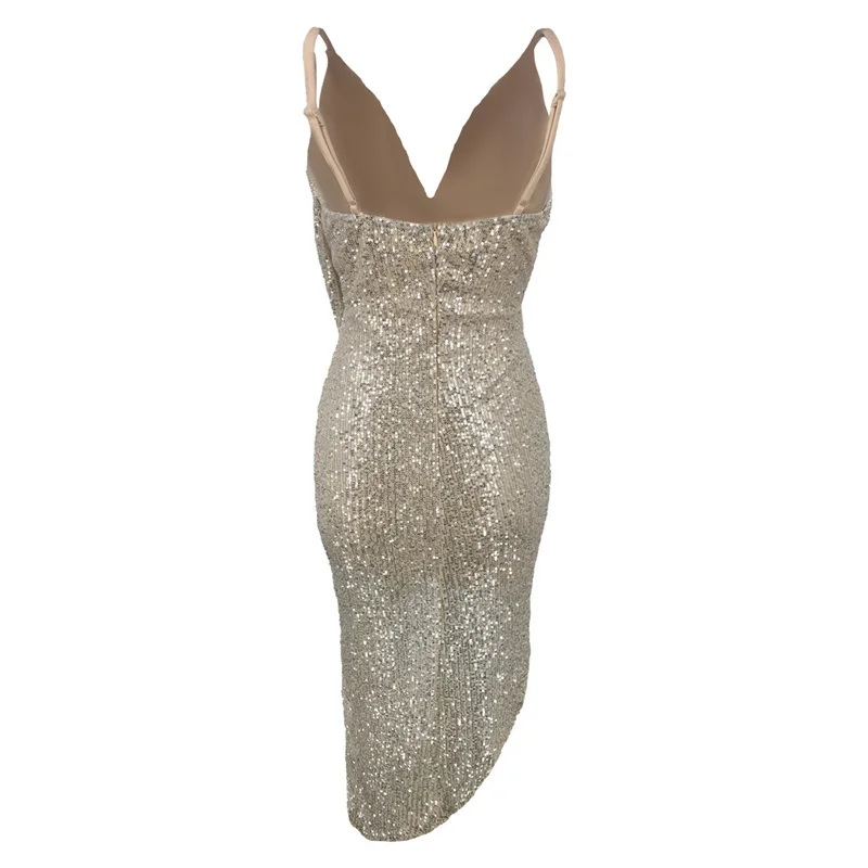 V-neck strap shoulder dress Sequined Club Party Dress Camisole Women Sashes Backless Dresses Sleeveless Sexy Irregular Vestidos Женская