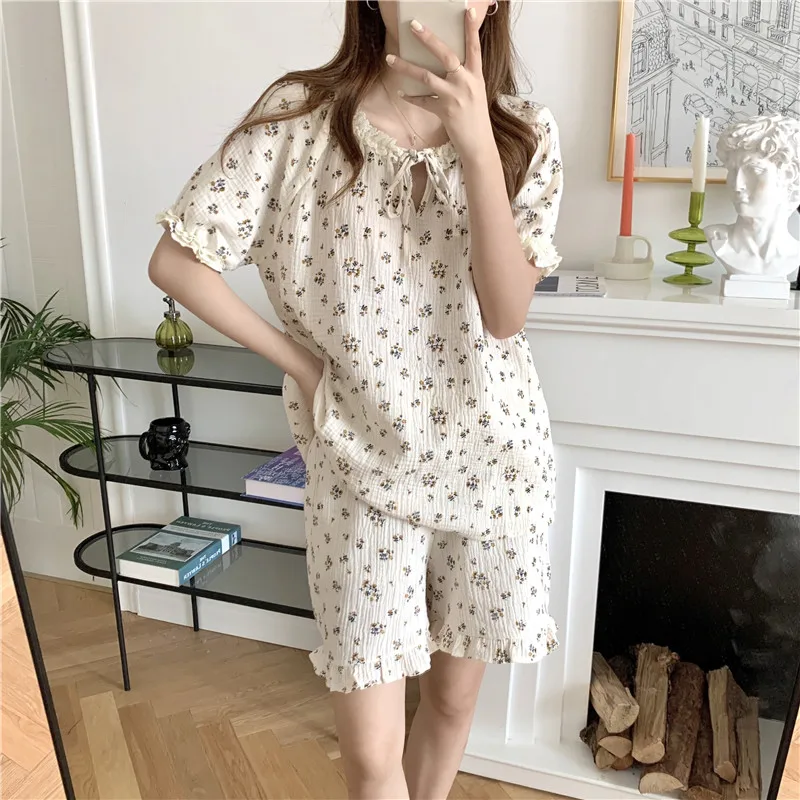 

cotton home clothes women pajama set floral print sleepwear 2 piece set lacework short sleeve top pyjama shorts pijamas Y492