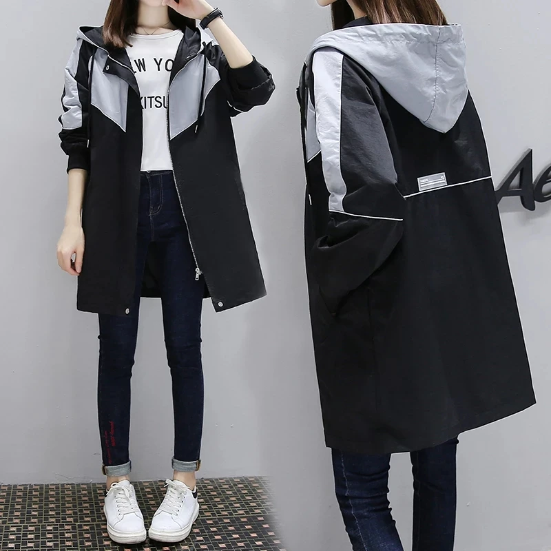 

New Women Grey Trench Coat 2021 Spring Autumn Loose Casual Hooded Long Coats Ladies Vintage Streetwear Patchwork Windbreaker