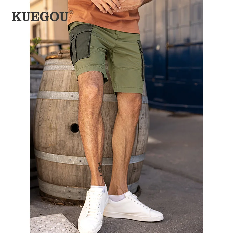 

KUEGOU100%Cotton Clothing Men's shorts Safari Style High Quality Casual Pants Summer Fashion Patchwork Pocket Khaki 29012