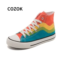 cozok women fashion vulcanized shoes women sneakers new retro rainbow canvas shoes ladies flat fashion comfort high top shoes