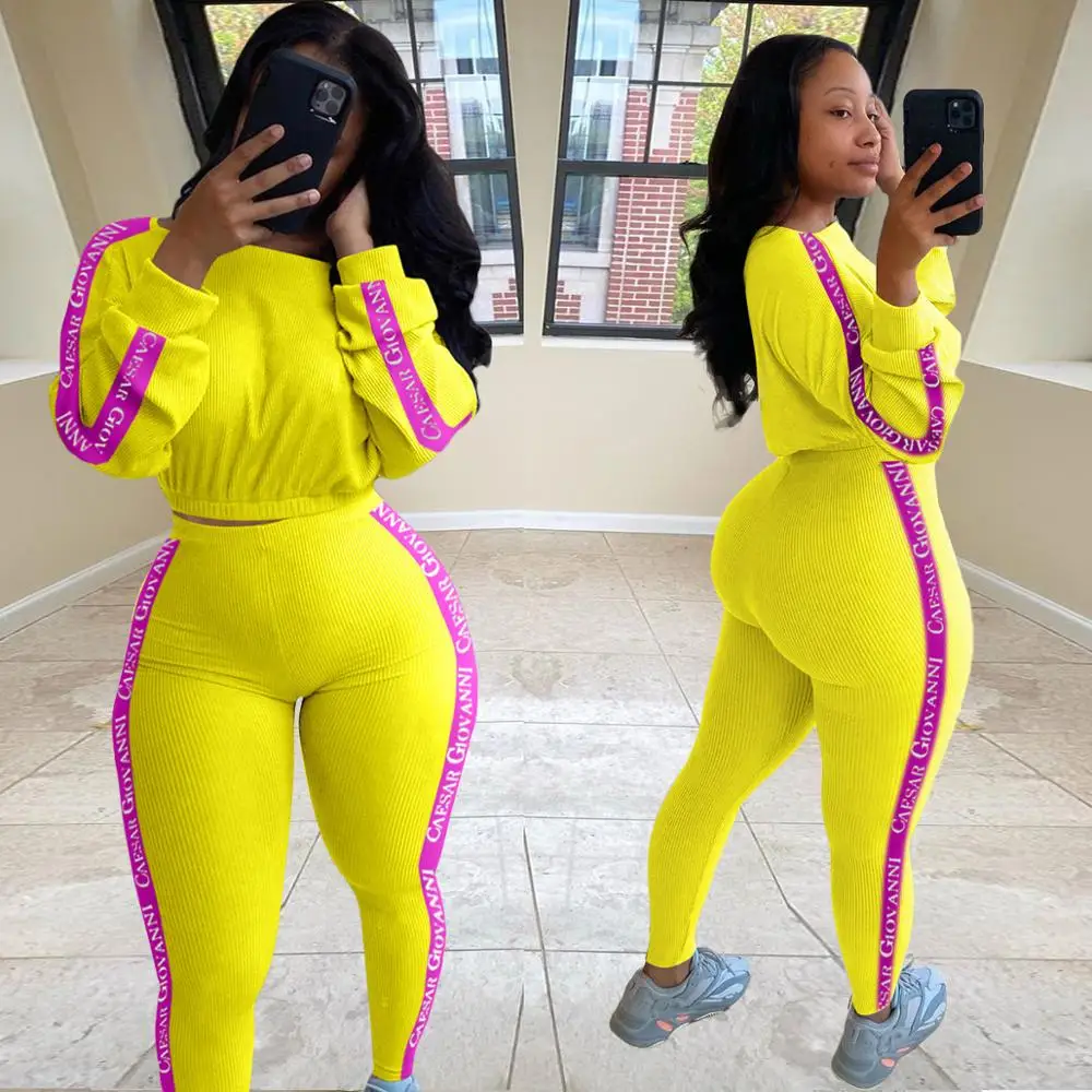 

Winter Women Two Piece Set Letter Striped Printed Fashion Crop Top Casual High Waist Skinny Pants Tracksuit Matching Sets Outfit