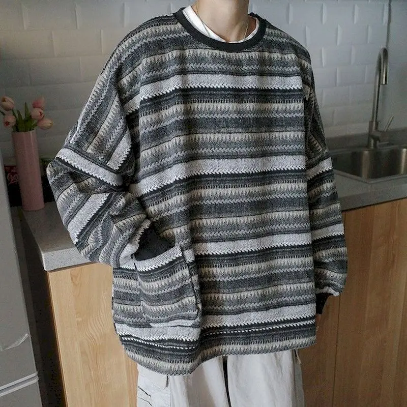 

Oversized Sweaters Pullover O-neck Jumper Striped Woolen Male Clothes Grunge Korean Trendy Streetwear Vintage Men Clothing