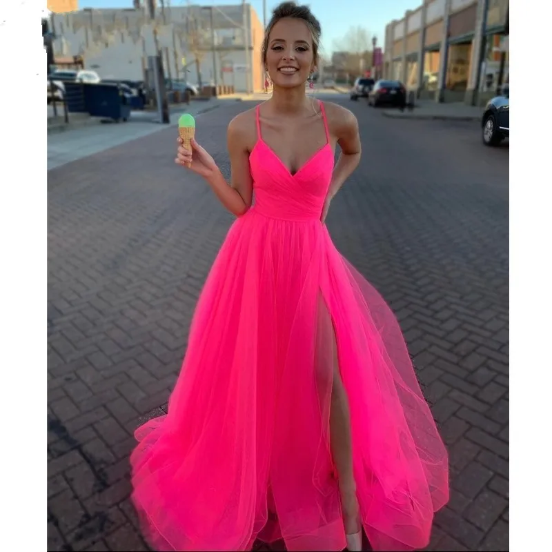 ANGELSBRIDEP ярко Розовые Длинные Вечерние Платья Vestidos De Festa сексуальные платья на
