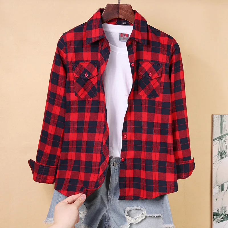 2021 New Women Plus Size Blouses Long Sleeve Cotton Shirts Turn-down Collar Flannel Plaid Shirt Casual Female Blouse 4XL 5XLTops | Женская