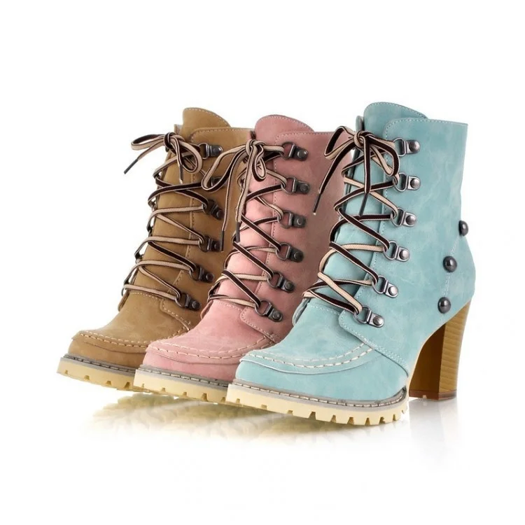 

High heel rivet lace up women's boots and shoes