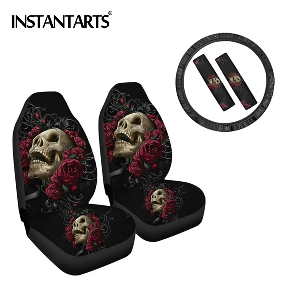

INSTANTARTS Fashion Sugar Skull Patterns Easy to Install Vehicle Seat Covers Washable Steering Wheel Cover Non Fade Seatbelt Pad
