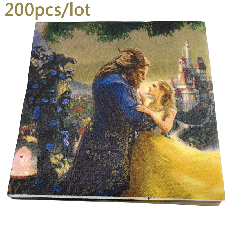 

200pcs/lot Happy Birthday Party Beauty Beast Theme Serviette Decorations Napkins Girls Kids Baby Shower Towels Events Supplies