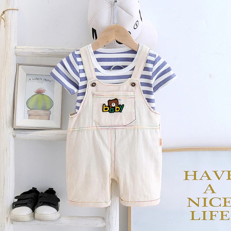 

Summer Toddler Baby Boys Clothes Set Striped T Shirt Tops Bear Bib Pants Set Kids Children Clothing Vestido Infantil