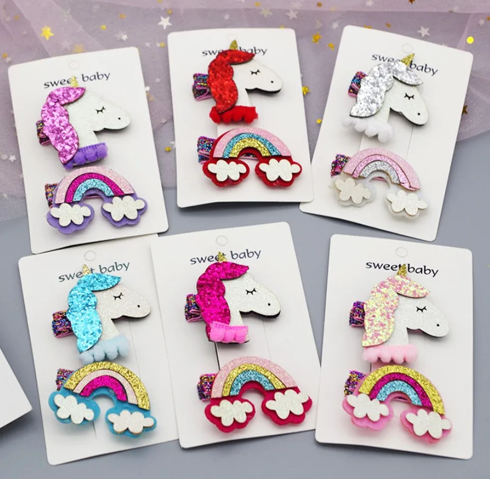 Корейский стиль Единорог детские заколки для волос блёстки Радуга ручной работы