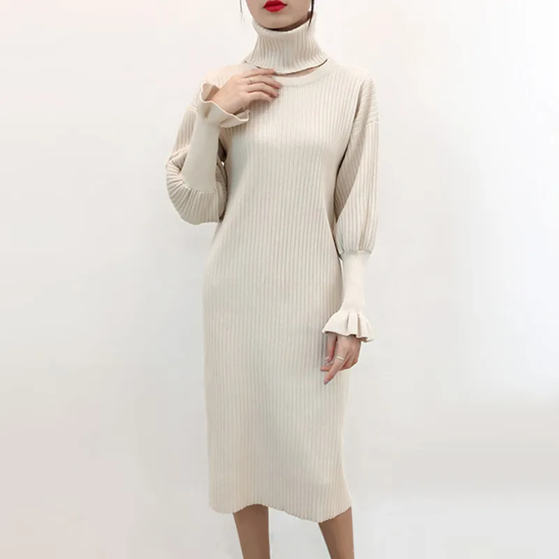 Осень зима длинный свитер платье для женщин в винтажном стиле жабо и рукавами