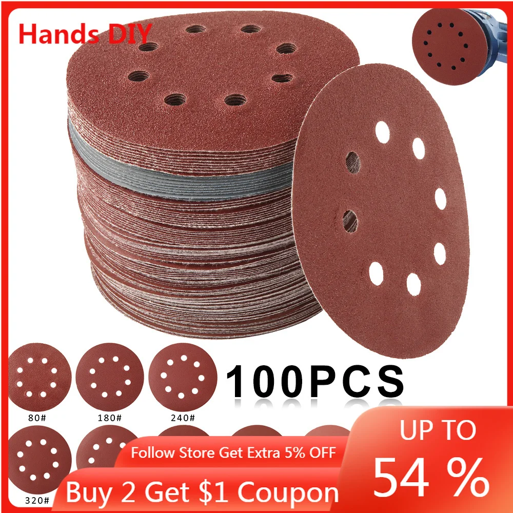

100pcs 125mm Sandpaper Round Shape Sanding Discs Hook Loop Sanding Paper Buffing Sheet Sandpaper 8 Hole Sander Polishing Pad