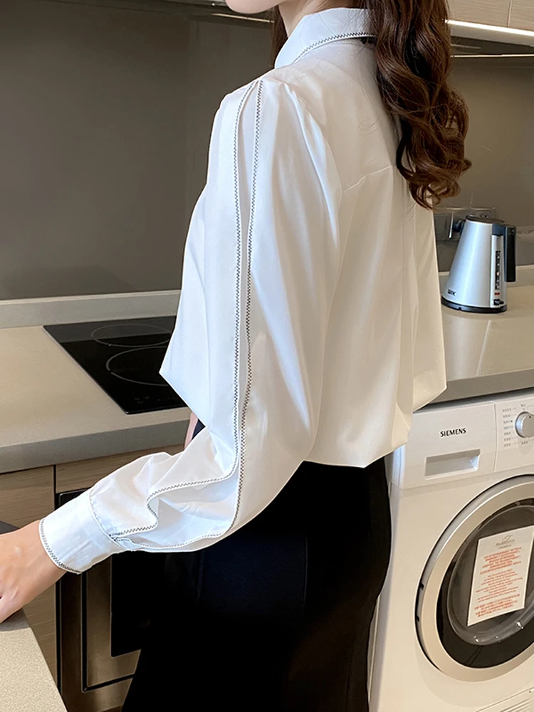 

Houthion Chiffon Blouses New Long-sleeved Blouse Lapel Summer Solid Color Bow Casual Shirt Comfortable Fashion Tops