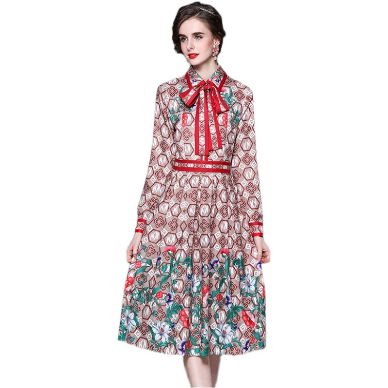 

Summer Women's Lapel Geometric Printed Waist and Large Swing Mid-length Dress