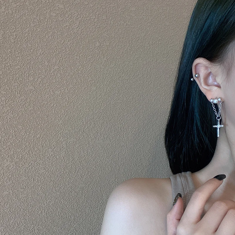 

Trendy Hip hop Korean Crystal Micro Pave Inlaid Cross Dangle Earrings For Women Silver Color Tassel Chain Drop Brincos bijoux