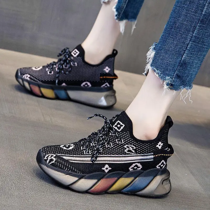 

Кроссовки-носки женские на плоской платформе, воздухопроницаемые удобные вязаные носки, на шнуровке, летняя обувь