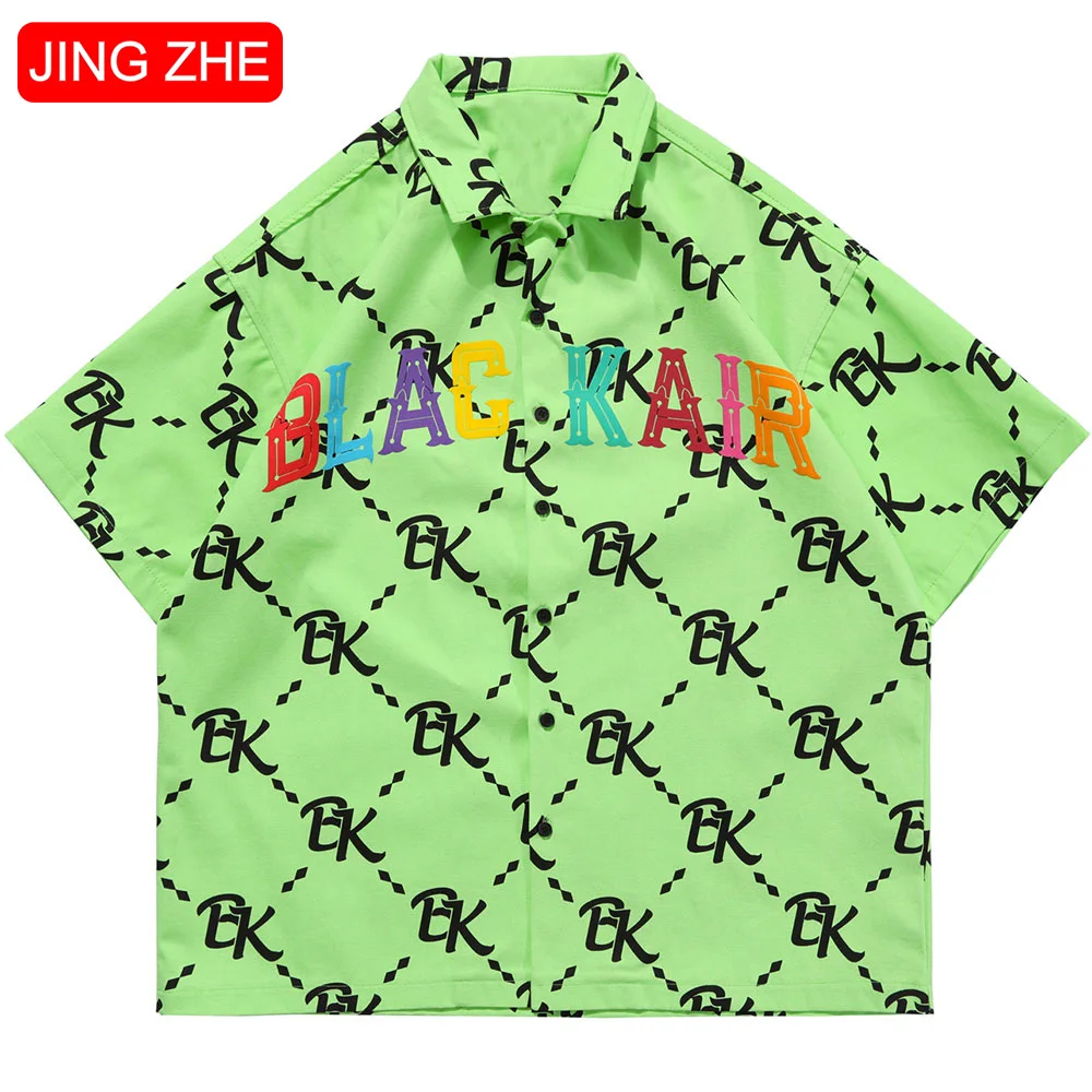 

JING ZHE Men Shirt Colorful Letter Patch Cargo Shirts Summer Hip Hop Baggy Short Sleeve High Street Harajuku Fashion Streetwear