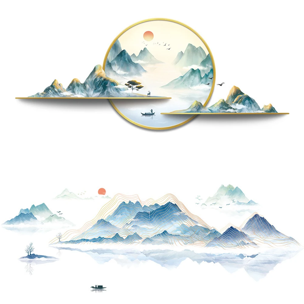 

Creative Chinese Style Wall art Stickers Decorative Painting Wallpaper Living Room Background Mountain Landscape Scenery Decals