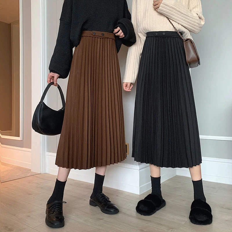 

2021 Winter Women Draped Rib Pleated Skirt Elastic High Waist Long Skirt Female Autumn Ladies High Quality Midi Skirt Saia