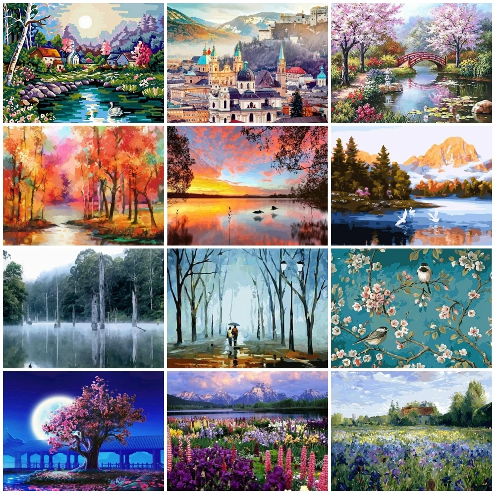 

AZQSD краска по номерам для взрослых город озеро дерево ручная работа Набор Холст масляная краска ing Landscape украшение для гостиной настенный Де...