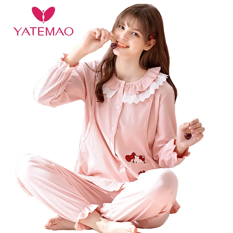 YATEMAO новая одежда для беременных Пижама для кормящих мам комплекты хлопок кружева дизайн утолщаются зима Preganacy одежда для сна
