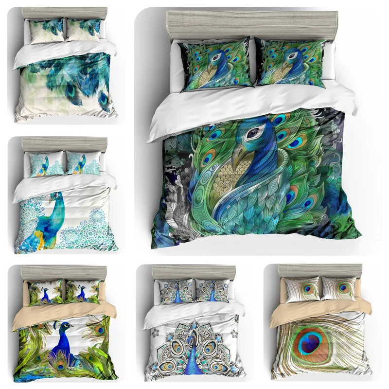 

3D Hot Printed Peacock Bedding Set Animal Bedclothes Colorful Duvet Cover Set Cyan Bed Sheet Set Queen Size Comforter Sets