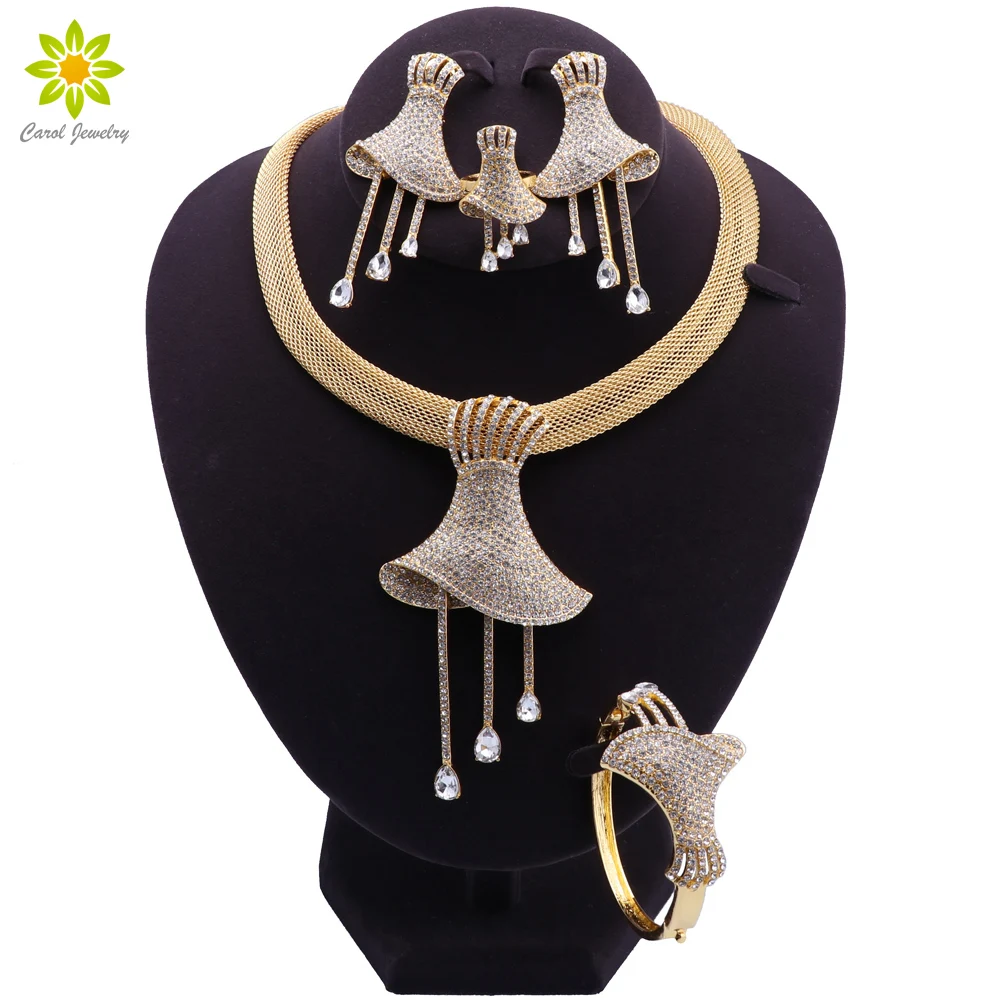 

Nigerian Wedding Bridal African Gold Color Jewelry Set Dubai Crystal Pendant Necklace Bracelet Earrings Ring Sets
