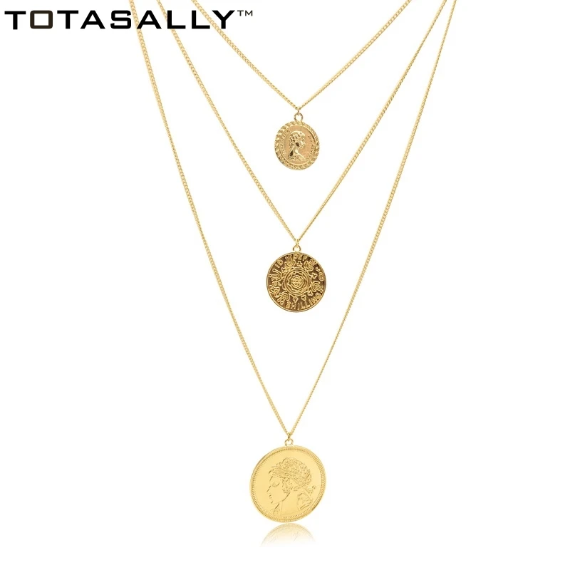 

TOTASALLY Metal Coins goddess carved Pendant Party Necklaces for women 3layers chains Jewelry Alloy party show Gifts