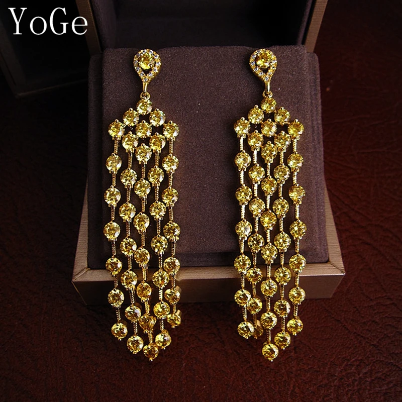 YoGe Wedding&ampParty Jewelry E0365 fashion AAA CZ shinning round stones long drop tassel earrings | Украшения и аксессуары