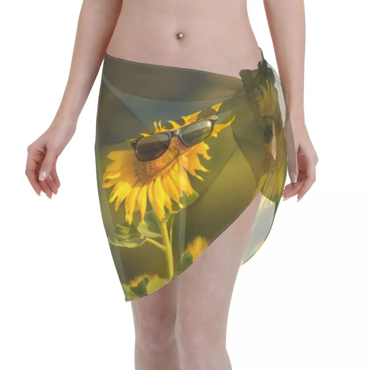 

2021 Beach Bikini Cover Ups Wrap Skirt Sunflower Wearing Sunglasses Women Bathing Suit Sexy Swimsuit Beachwear