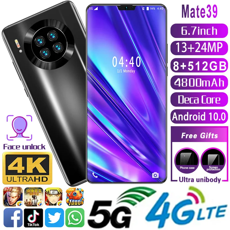 Mate39 смартфон с 6 7 дюймовым дисплеем процессором MTK6799 ОЗУ 8 ГБ ПЗУ 512 13 МП + 24