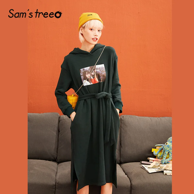 SAM'S TREE красное однотонное платье с капюшоном и принтом с героями мультфильмов для женщин зимнее зеленое повседневное свободное офисное Повседневное платье с поясом