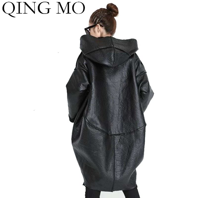 QING MO модное Брендовое черное однотонное пальто из искусственной кожи с карманом