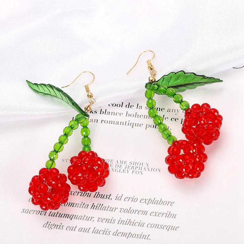 Богемные бусы фруктовые серьги вишневые листья силиконовые подвески уши женские