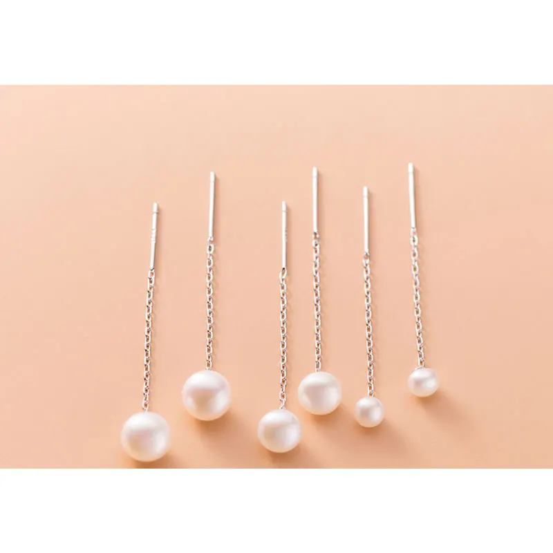 

Genuine 925 Sterling Silver Long Chain Pearl Drop Earrings for Women Ear Line Elegant Wedding Jewelry Accessries Girl Gift