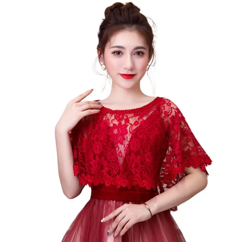 Wine Red Женский винтажный полный цветочный кружевной плащ браслет из натуральной кожы шеи крючком полупрозрачная шаль болеро сплошной цвет Лето Высокая Низкая Свадебная накидка Болеро - Цвет: Wine Red