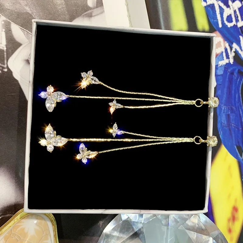 

Bijoux Long Tassel Dangle Earrings Statement Earrings Jewelry Gifts Shiny Three Butterfly Crystal Drop Earring For Women