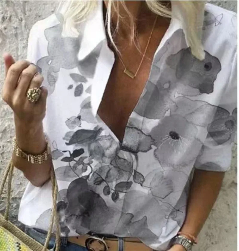 

2021 Women Summer Pullover Shirts Flower Printing Casual Loose Ladies T-Shirt Half Sleeved Comfort Lady Turn-Down Collar Shirt