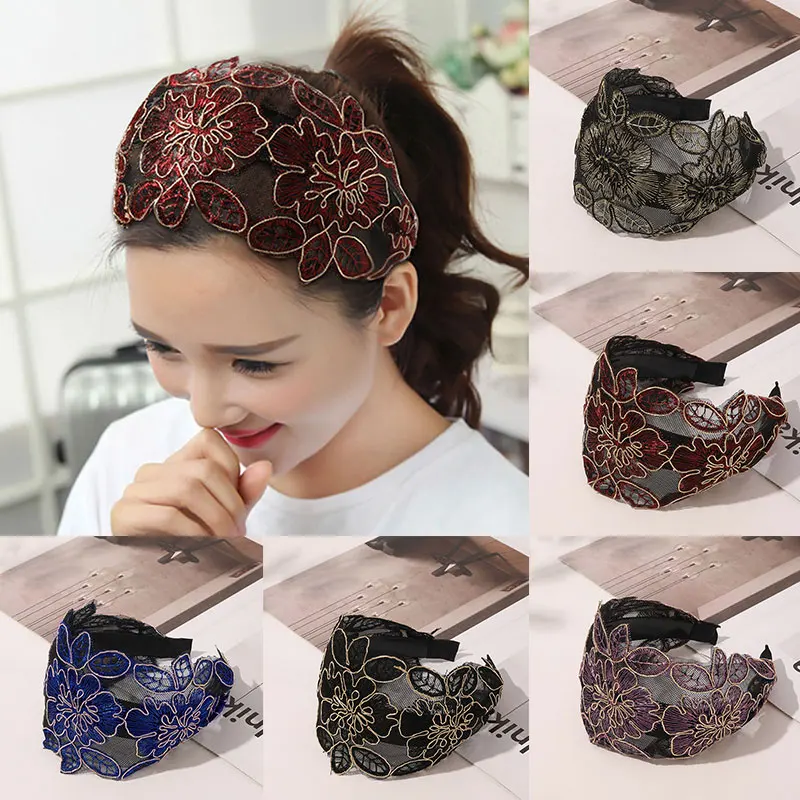 

Floral Pattern Head Hoop Beautiful Wide-brimmed Hair Hoop Fashion Lace Embroidered Flowers Headbands Elegant Hair Accessories