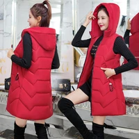 womens vest winter jacket women red pockets hooded vest female casual cotton sleeveless vest solid zipper long coat