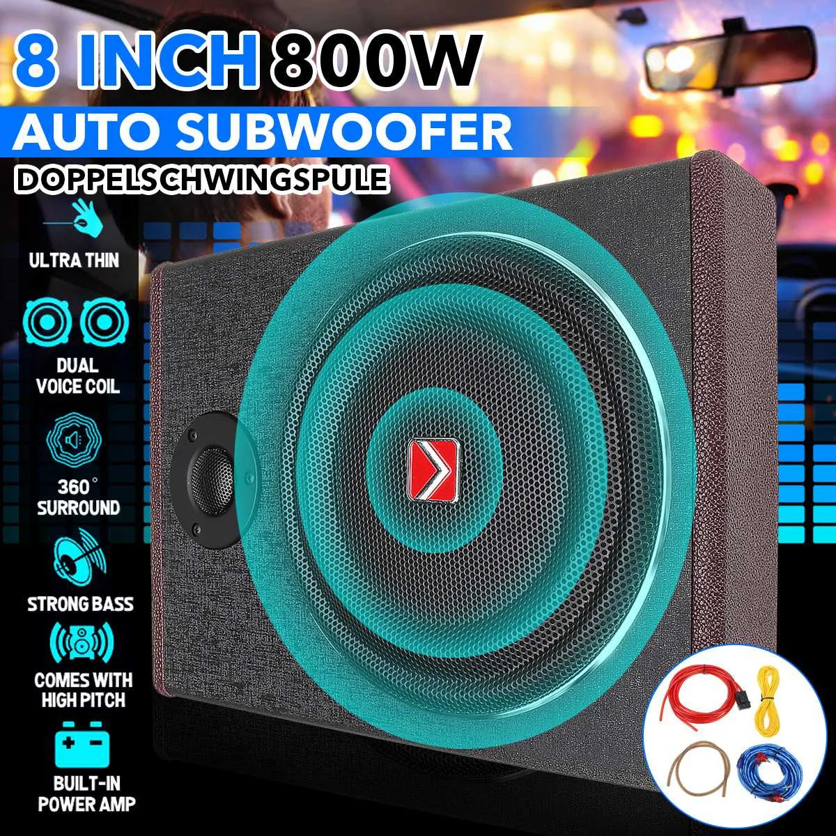 10 Inch 800W Car Subwoofer Speaker Active Under Seat Slim Sub Woofer AMP Super Bass Stereo Speaker Amplifier Audio processor
