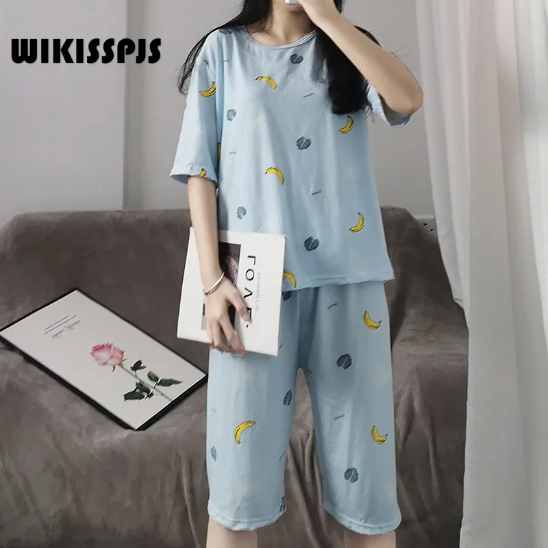 

WIKISSPJS Summer Pajamas Women New Korean Version Two Pieces of Fresh Student Home Suits Bedroom Set Lounge Wear Sleepwear