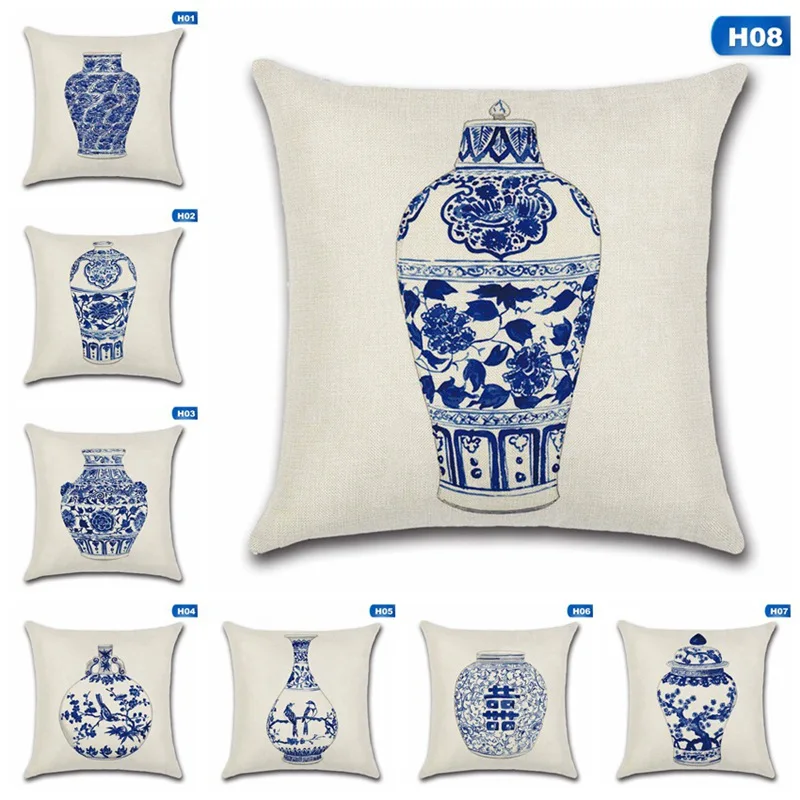 

Chinese Style Cushion Covers Blue And White Porcelain Printed Throw Pillows Cases Home Sofa Car Seat Decor Elegant 45x45cm