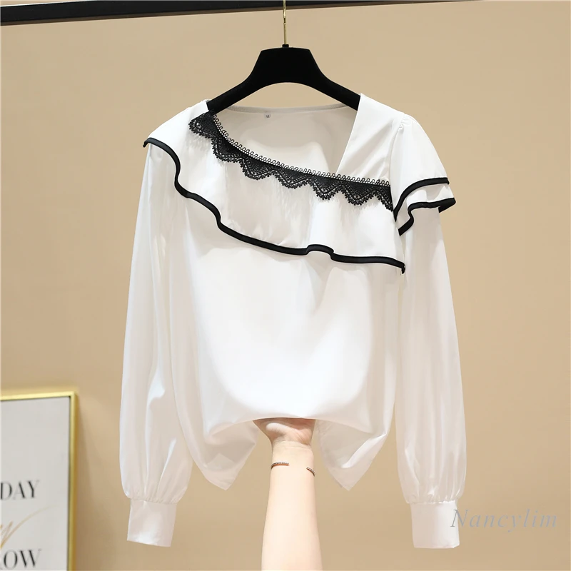 

Lace Stitching Irregular V Collar Shirt for Women 2021 Spring New Ruffled Long Sleeve White Blouses Et Chemises Blusas Femme