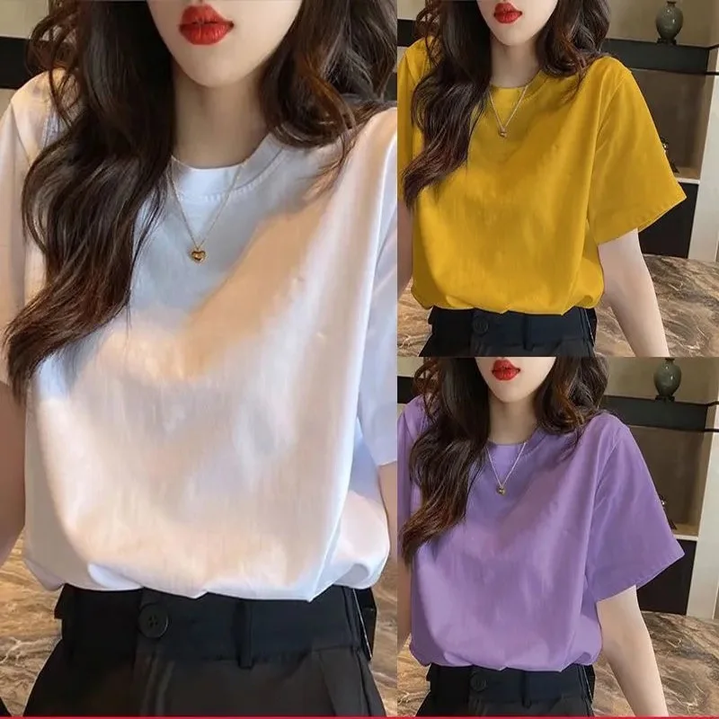 

traf Cotton short-sleeved T-shirts for women loose Korean edition 2021 summer dress new multi-color T-shirt upper clothes hal