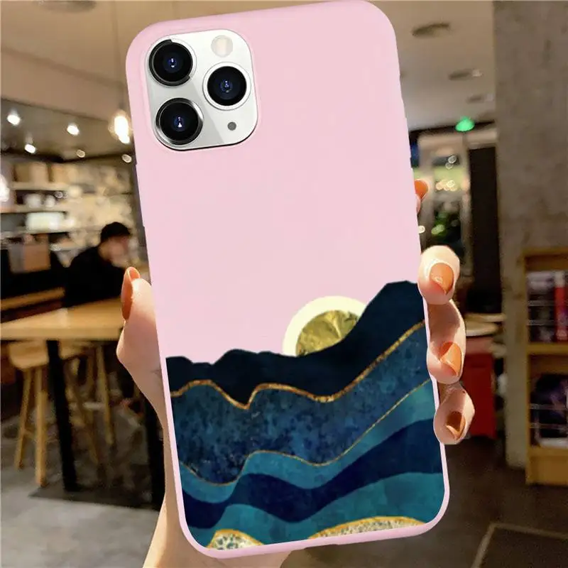 

Mountain Marble sunset Moon Phone Case Candy Color for iPhone 6 7 8 11 12 s mini pro X XS XR MAX Plus luxury design shell coque