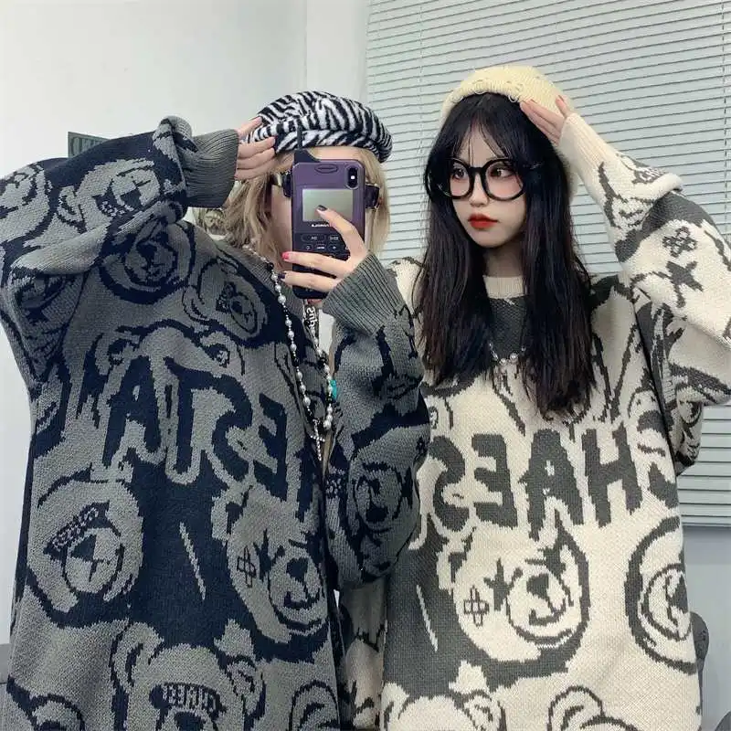 

Утепленный жаккардовый свитер в стиле Харадзюку с надписью медведя, Свободный вязаный Топ в стиле колледжа в стиле ретро, пуловер для мужчи...