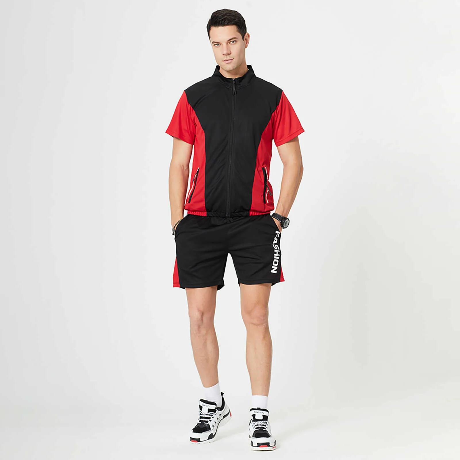 

Mens Summer Leisure Sports 2 Piece Sets Zipper High Neckline Sweat T-shirt Jogger Shorts Fashion Male Tracksuit Fitness Suits A5