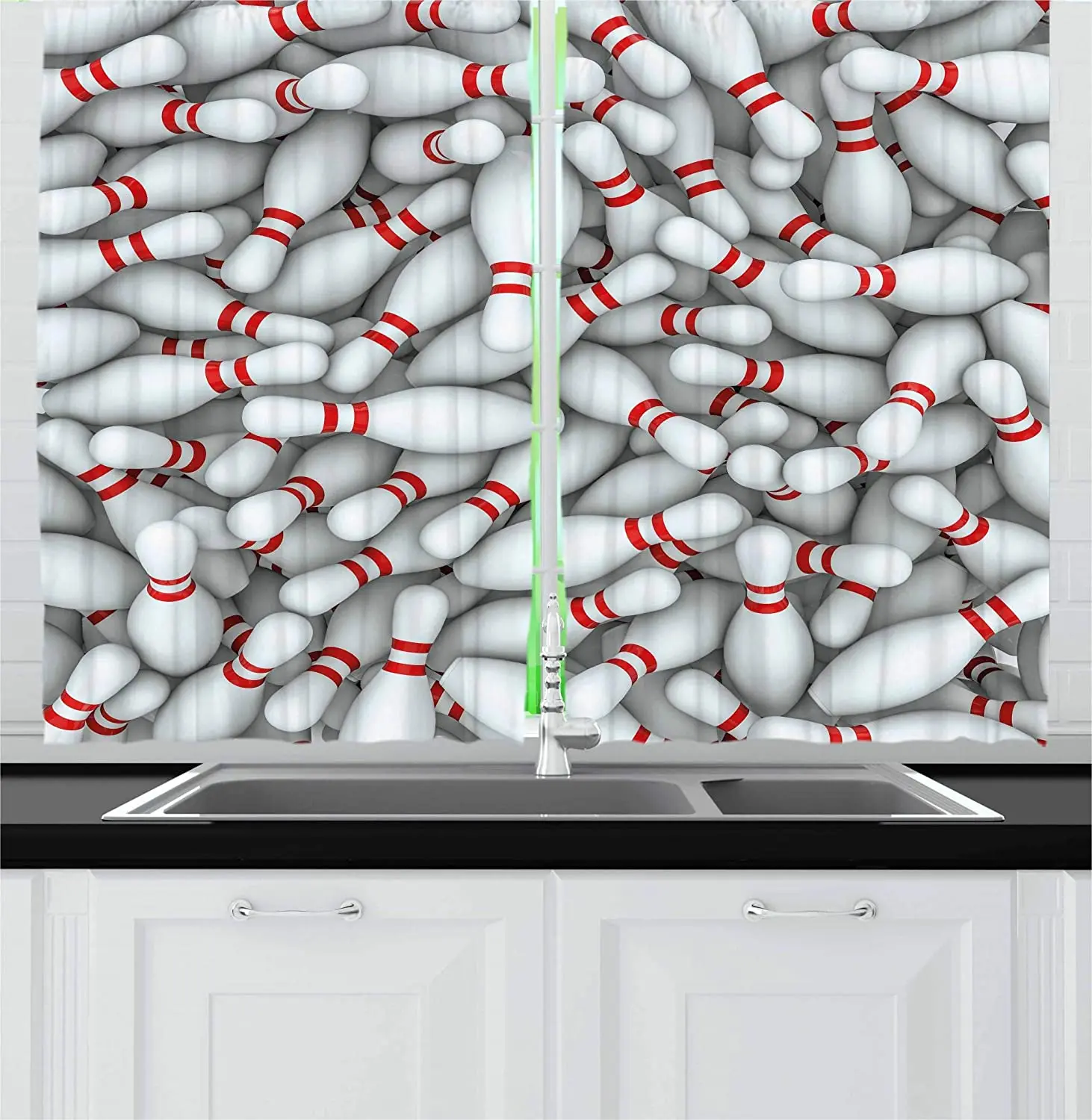 Bowling Party Decorations Curtains Living Room Bedroom Red and White Window Drapes for Kitchen Pile of Vivid Pins Skittl | Дом и сад